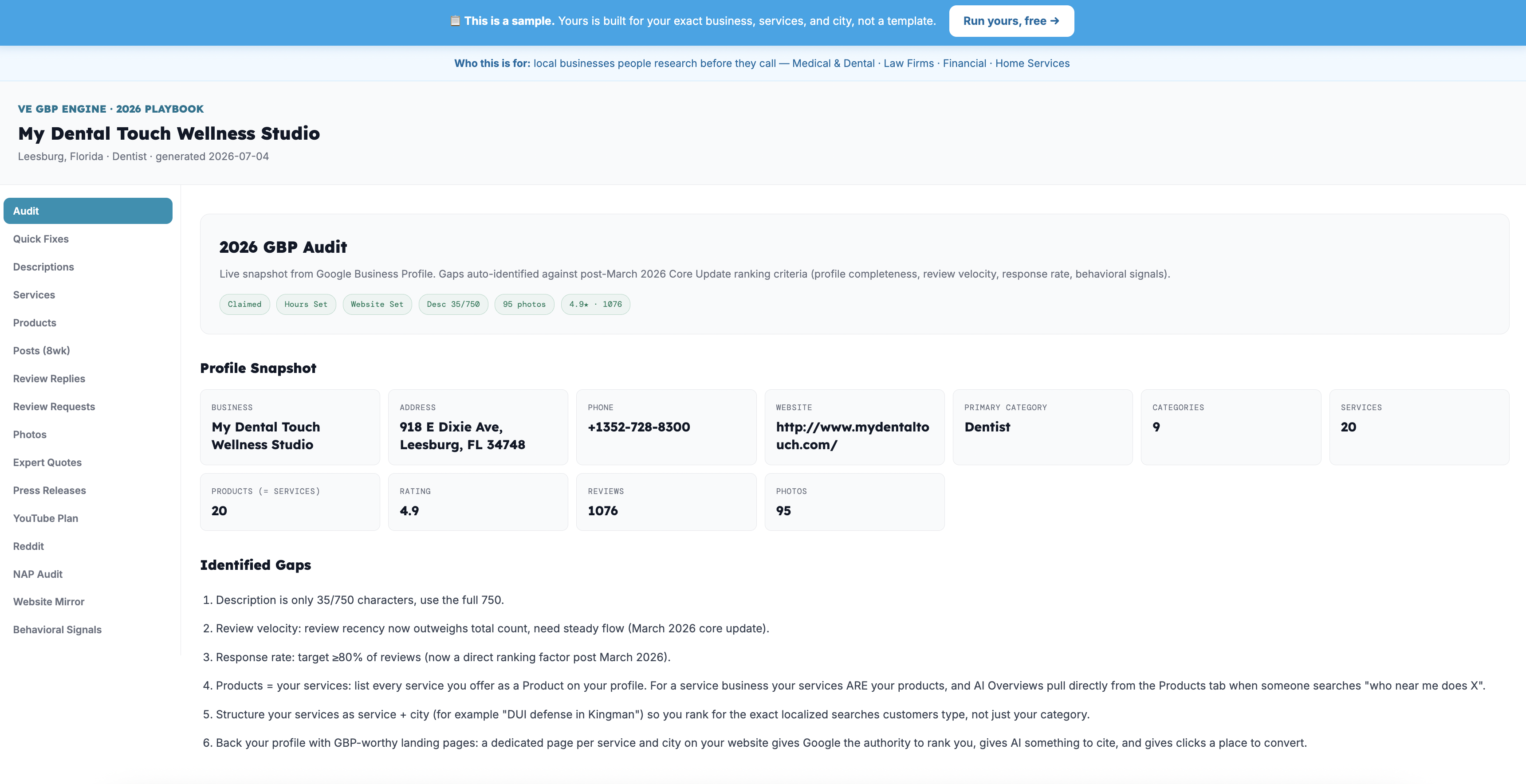 A real GBP playbook the system generates: profile audit, competitor gaps, and the full plan